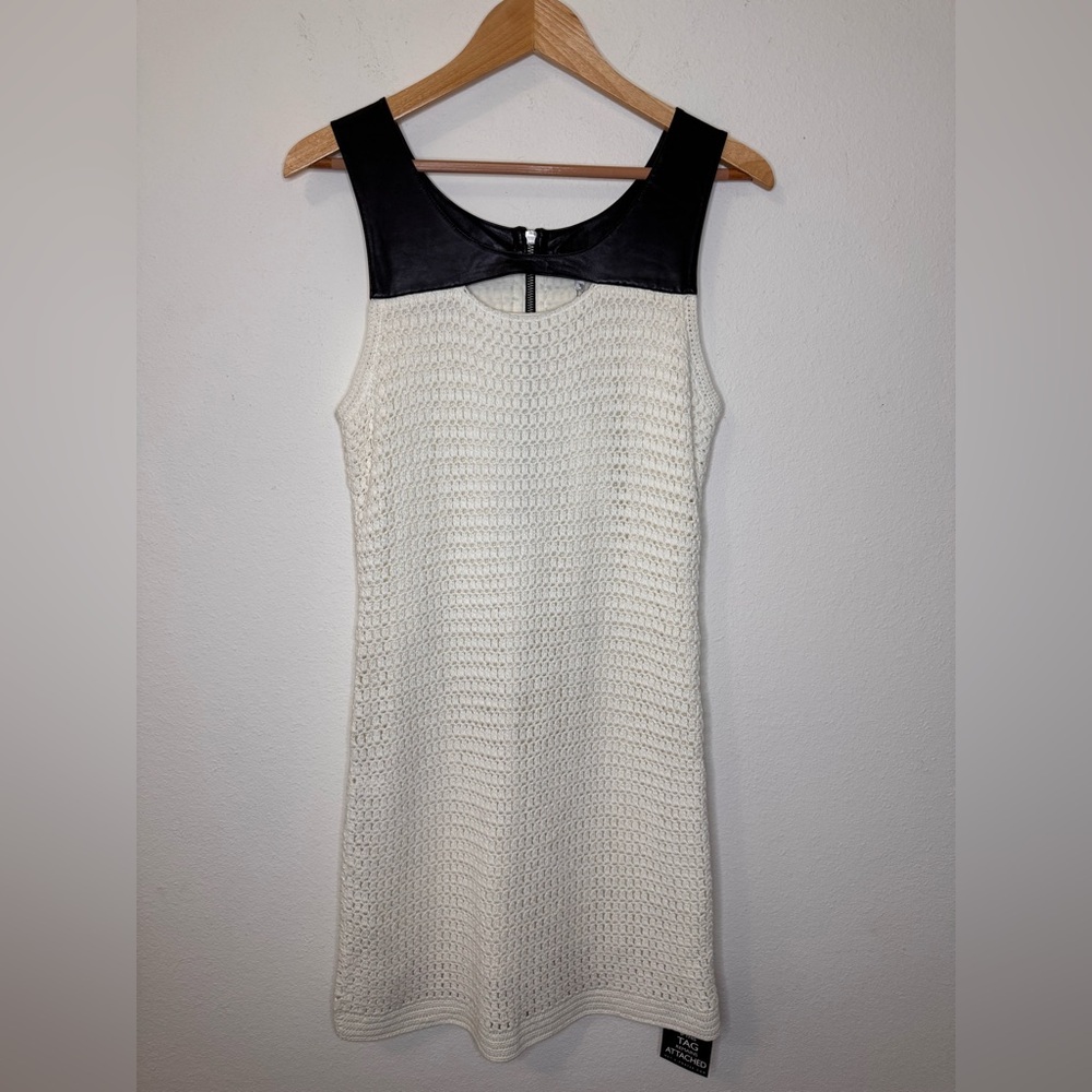 NEW Sandro Black Faux Leather White Crochet Sheath Mini Dress